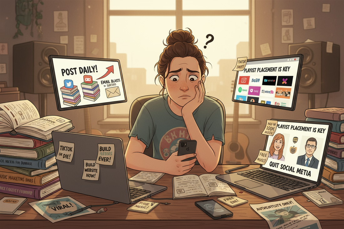 Independent artist looking confused at multiple music marketing advice sources, representing common music marketing myths