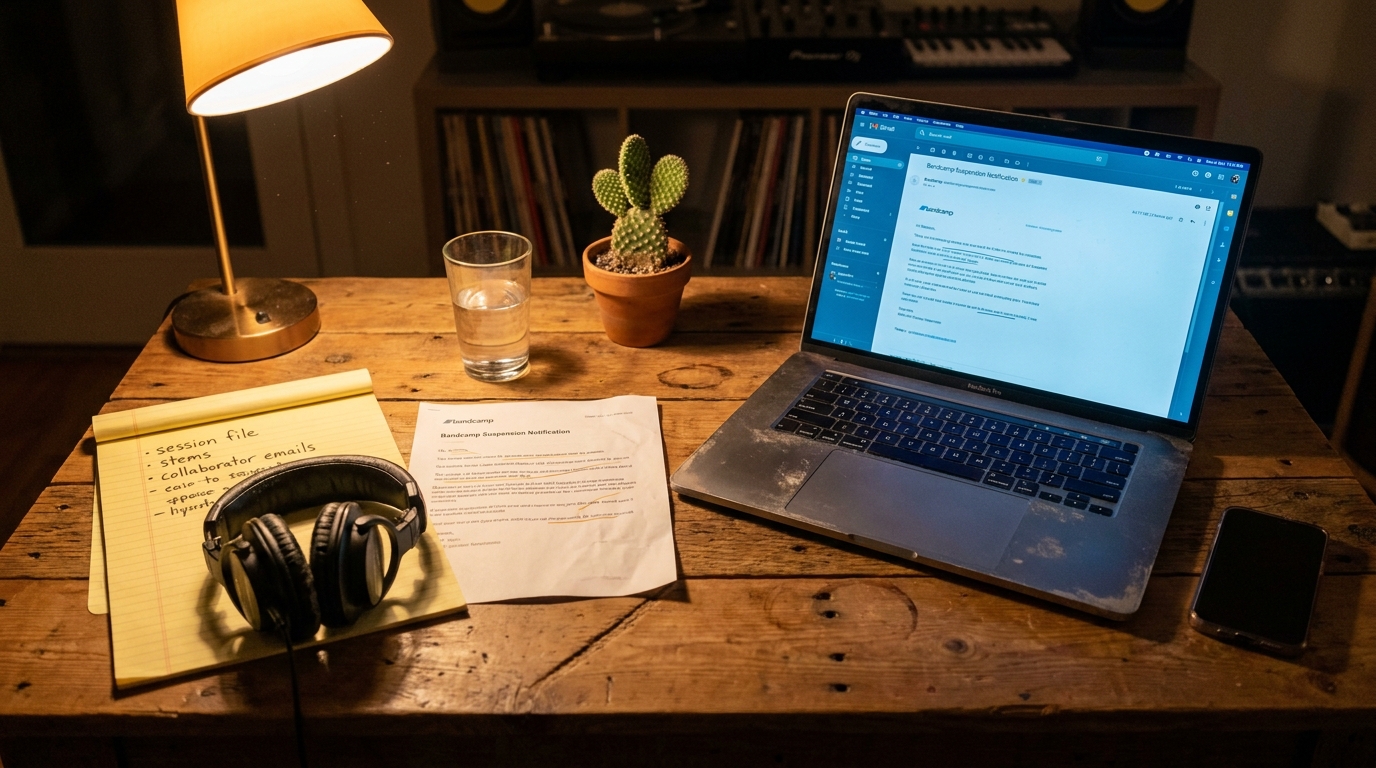Independent artist at a desk reviewing a Bandcamp suspension email on a laptop, with a notepad listing appeal evidence and timestamps next to a coffee mug.