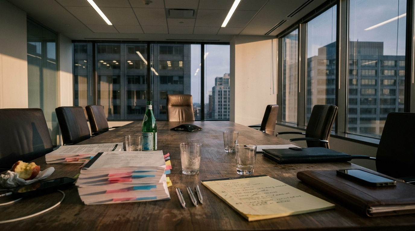 A high-rise law firm conference room just after a settlement meeting: a long walnut table with stacked legal briefs flagged with sticky tabs, three half-full water glasses, a legal pad with handwritten margin notes, leather portfolios closed, and empty chairs pushed back at varied angles, with floor-to-ceiling windows showing city office buildings at dusk.