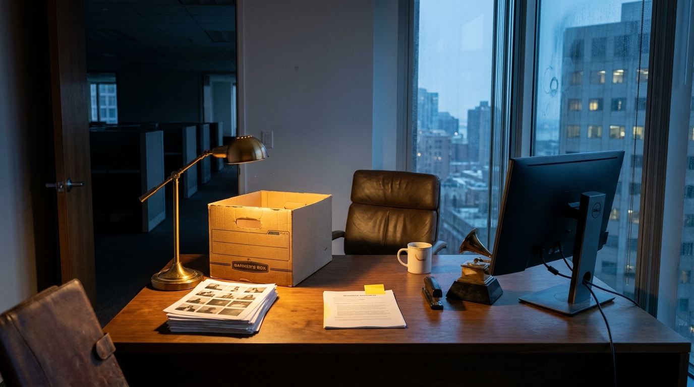 An emptied corner office in a major-label headquarters at dusk: a half-packed cardboard banker's box on a walnut desk with a stack of artist contact sheets, a printed severance agreement with a yellow sticky tab, an unplugged 27-inch monitor pushed to the side, a Grammy paperweight, and a single desk lamp casting warm light across an otherwise dark floor of empty cubicles.