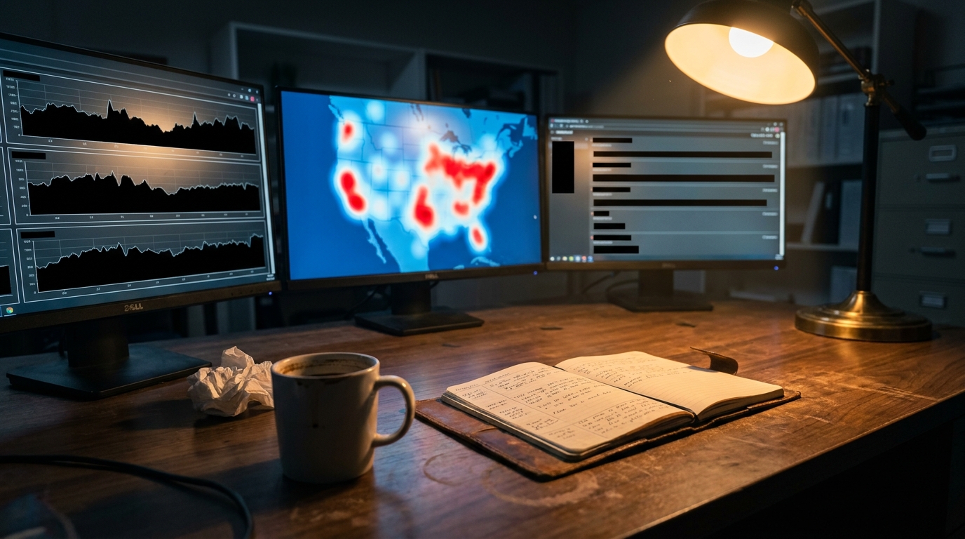 A trust-and-safety analyst's late-night office: three large monitors arranged in a shallow arc showing anomaly-detection dashboards with stacked time-series graphs, a heatmap of suspicious geographic clustering, and a flagged-stream review queue, with chrome-only silhouettes never legible; a worn leather notebook open to handwritten margin notes, a half-finished mug of black coffee, and a single warm desk lamp casting amber light across a walnut desk.