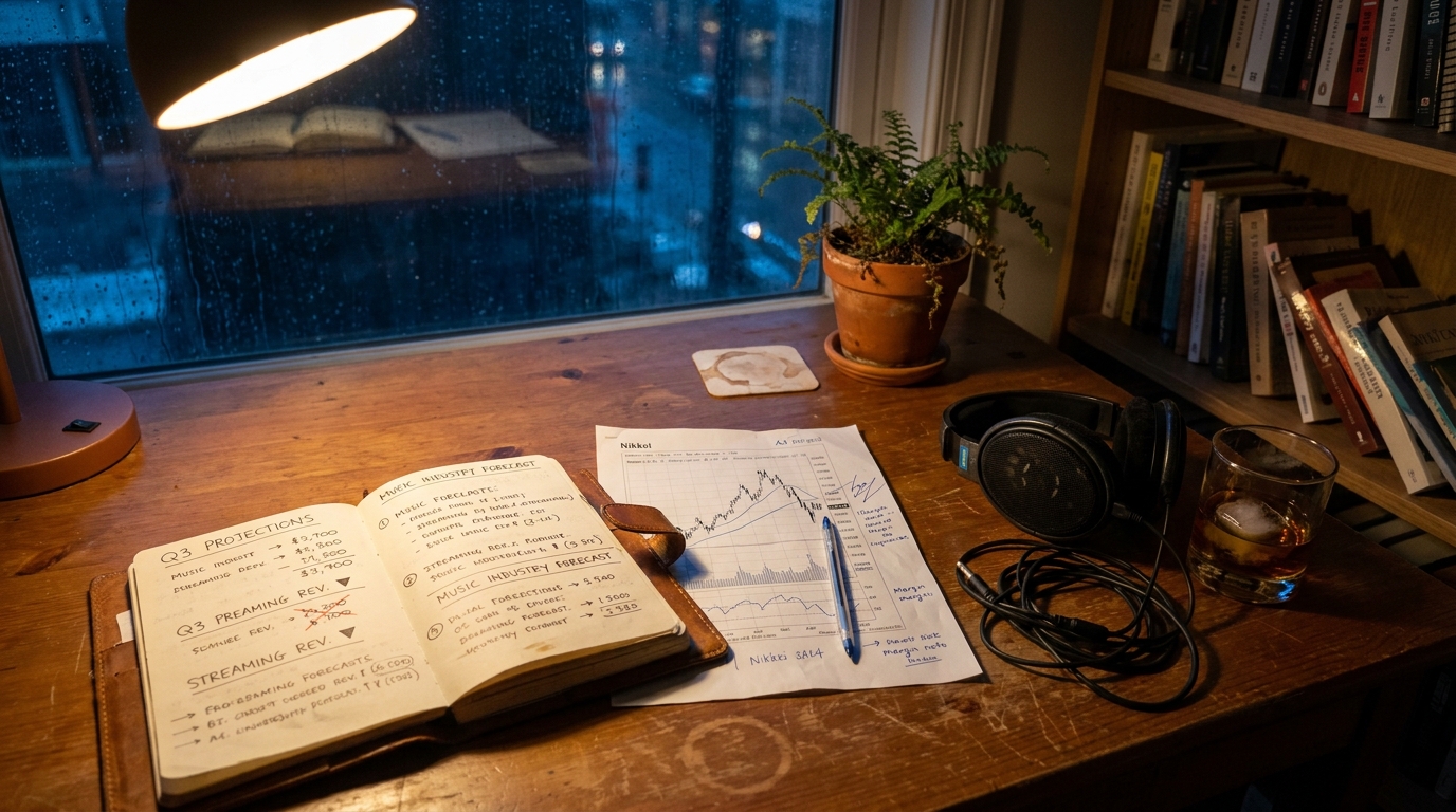 A music industry analyst's home office at night: open notebook with handwritten quarterly streaming forecast notes, printed Nikkei stock chart with margin annotations, Sennheiser HD600 headphones, glass of whiskey with melting ice, and a terracotta plant on a wooden desk illuminated by a single warm desk lamp.