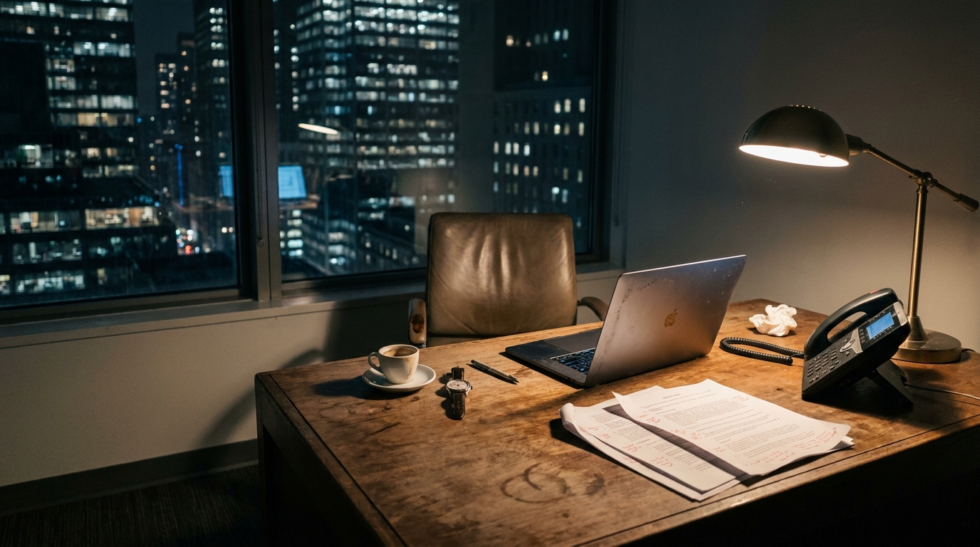 A music industry M&A analyst's lower Manhattan office at 10pm: stacked term sheets with red-pen marginalia, half-drunk espresso cup, MacBook Pro angled to the side, analog wristwatch, sleek black desk phone, and brass desk lamp on a wooden desk with city skyline visible through the window.