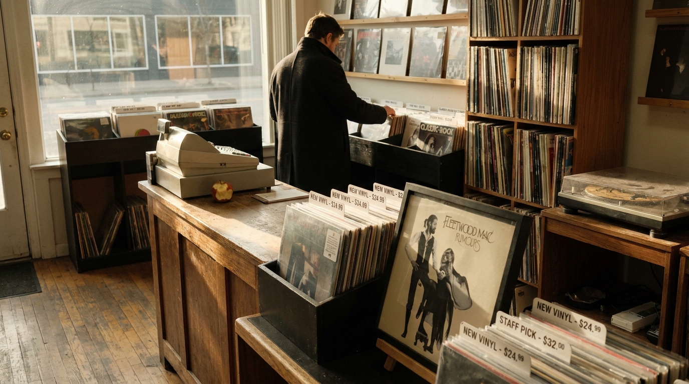 An independent record store interior at golden hour: stacks of new vinyl LPs on a worn wooden counter with handwritten price tags, a customer in a wool coat thumbing through a classic-rock bin in the background, soft natural light from a street-facing window, a Fleetwood Mac Rumours sleeve visible on the front display, and a dust-covered turntable on a side shelf.