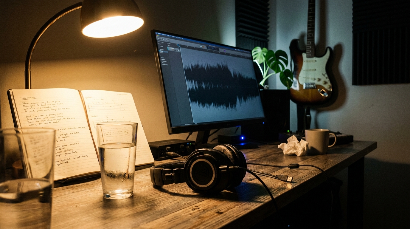A working music producer's home studio at midnight: 27-inch monitor showing a DAW waveform, ATH-M50x studio headphones on a wooden desk, an open notebook with handwritten lyric drafts and crossed-out lines, a Fender Stratocaster on a wall hook, and a monstera plant in the dim background lit by a single warm desk lamp.