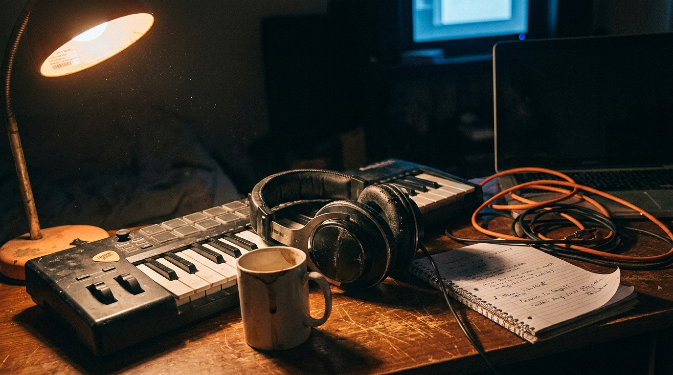 A bedroom producer's cluttered desk at night β worn headphones on a MIDI keyboard, a stained coffee mug, a notebook of handwritten beat ideas, and tangled orange audio cables lit by a single warm desk lamp.