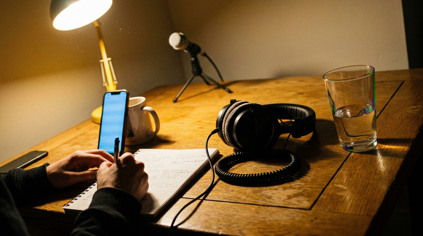 A night-time home-studio desk lit by a single warm lamp: a smartphone propped on a coffee mug glowing with a music app, closed-back headphones on weathered oak, a notebook of release-date notes, and a condenser mic out of focus behind.