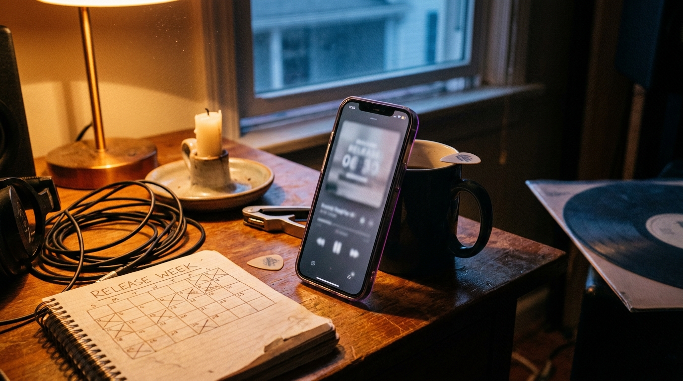 An independent musician's dusk home-studio desk: a phone propped on a coffee mug showing a blurred countdown timer, a spiral notebook with a hand-drawn release-week calendar, headphone cable, a guitar pick and capo on weathered oak.